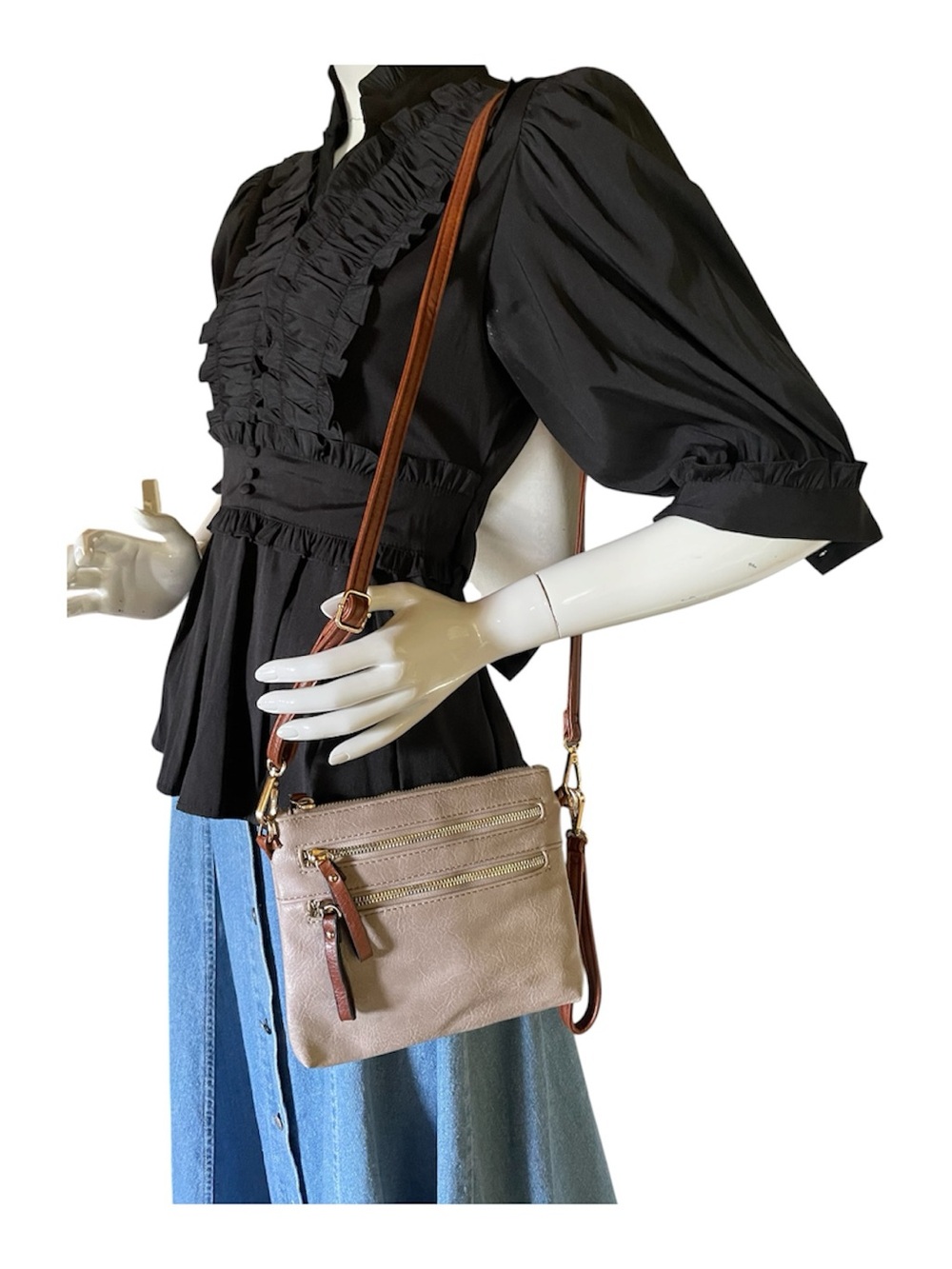 Taupe Crossbody Bag with Brown Strap